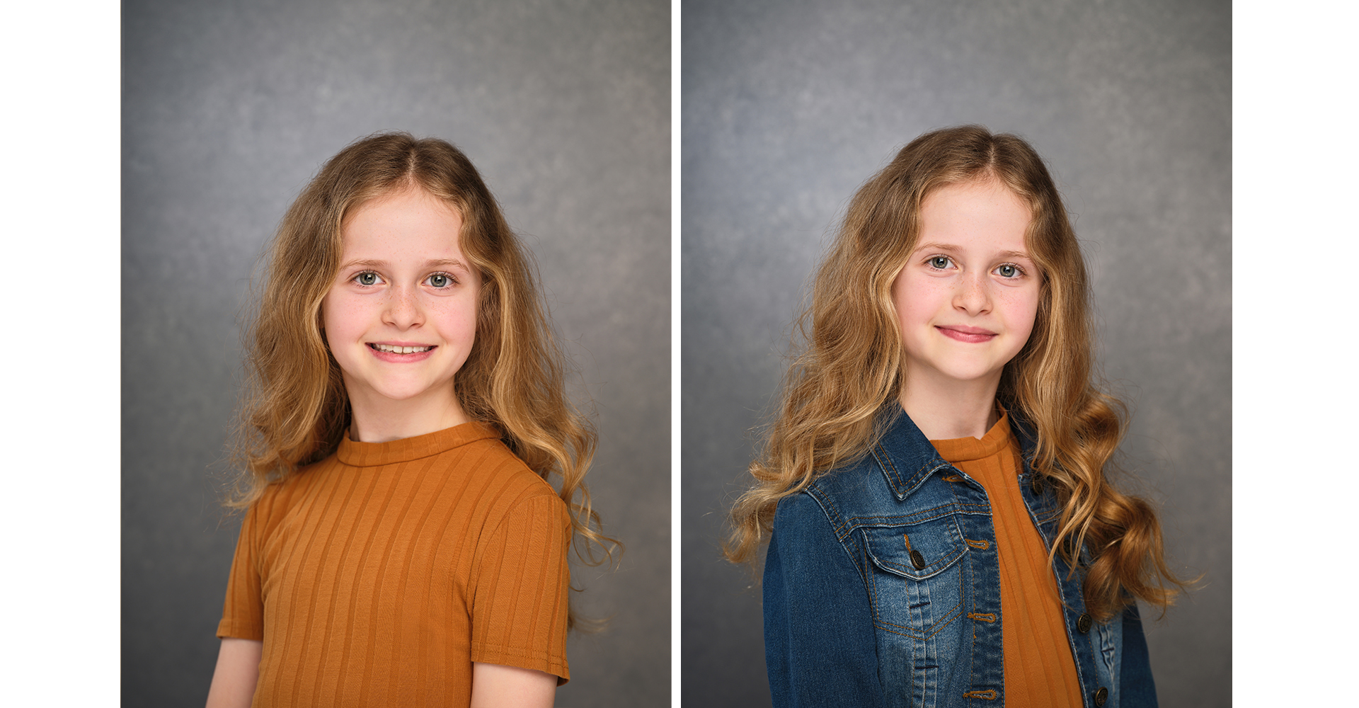 Child actress head shot with long blond hair with denim  jacket brown top front of grey backdrop.